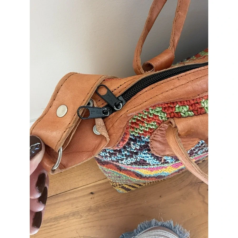 Bamboo Trading Co. Boho Weekender Bag Handmade Guatemala Handwoven Leather Strap
